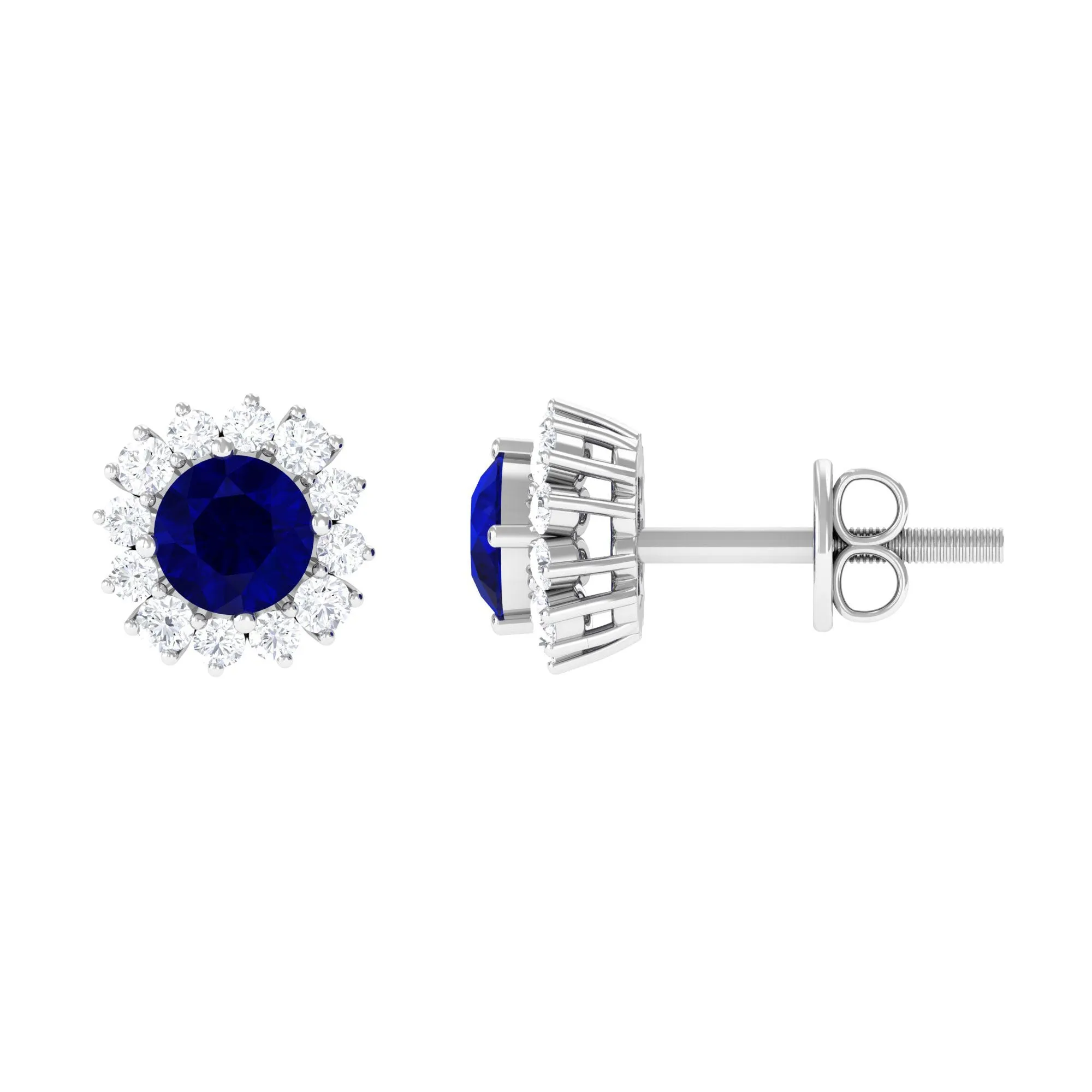 1.25 CT Natural Blue Sapphire and Diamond Halo Stud Earrings