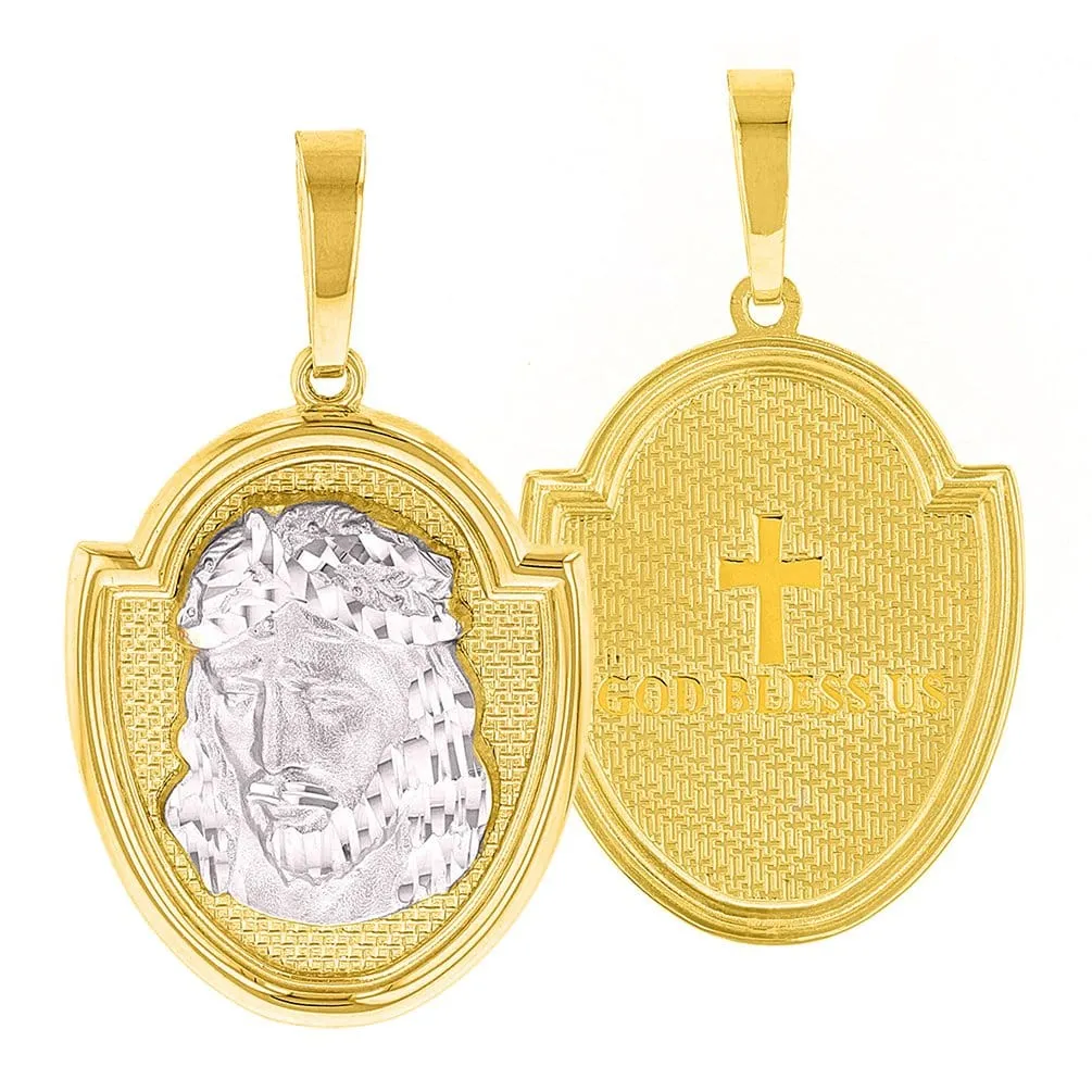 14K Gold Jesus Christ Medal God Bless Us Pendant with Figaro Chain Necklace - Two Tone Gold