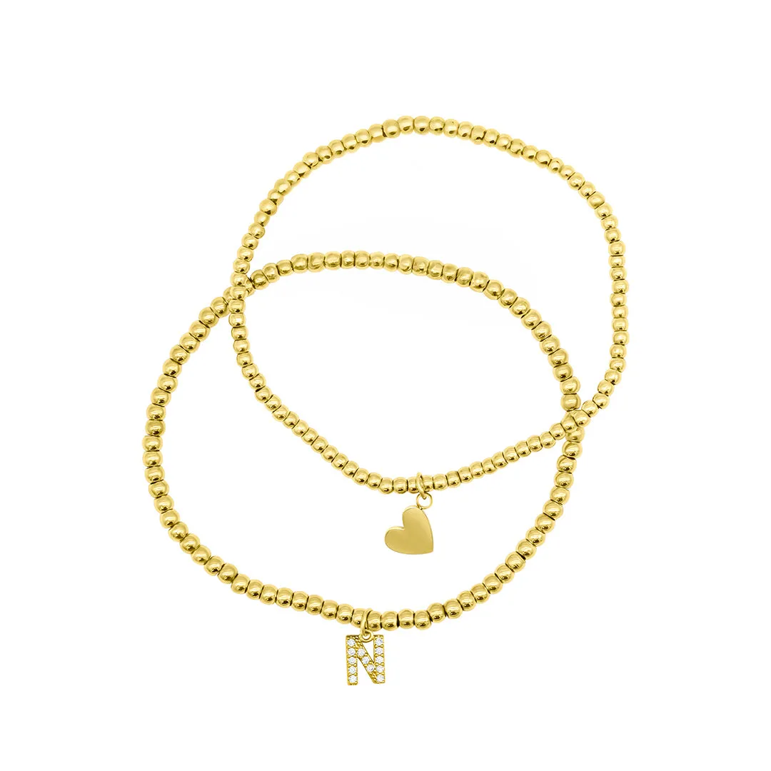 14k Gold Plated Stretch Bracelet Set With Mini Crystal Initial