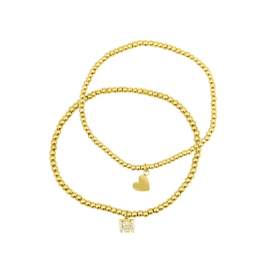 14k Gold Plated Stretch Bracelet Set With Mini Crystal Initial