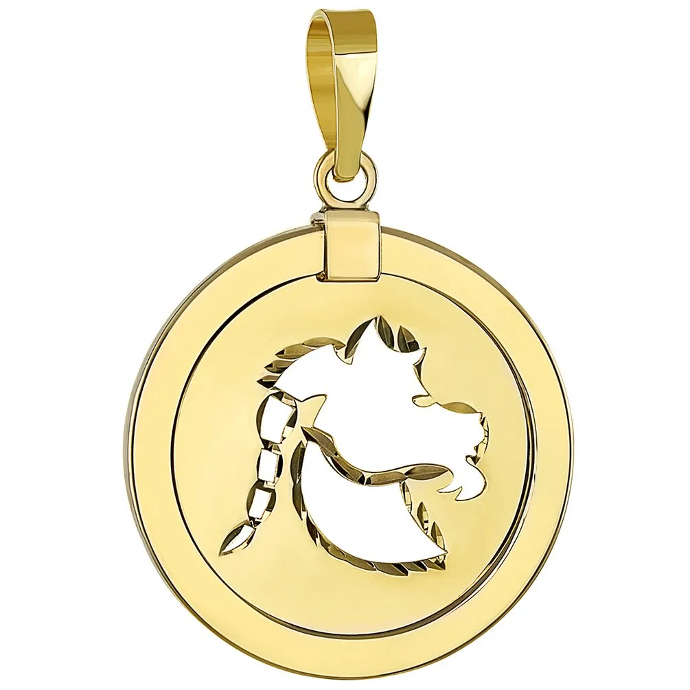 14K Gold Reversible Round Capricorn Goat Zodiac Sign Pendant - Yellow Gold