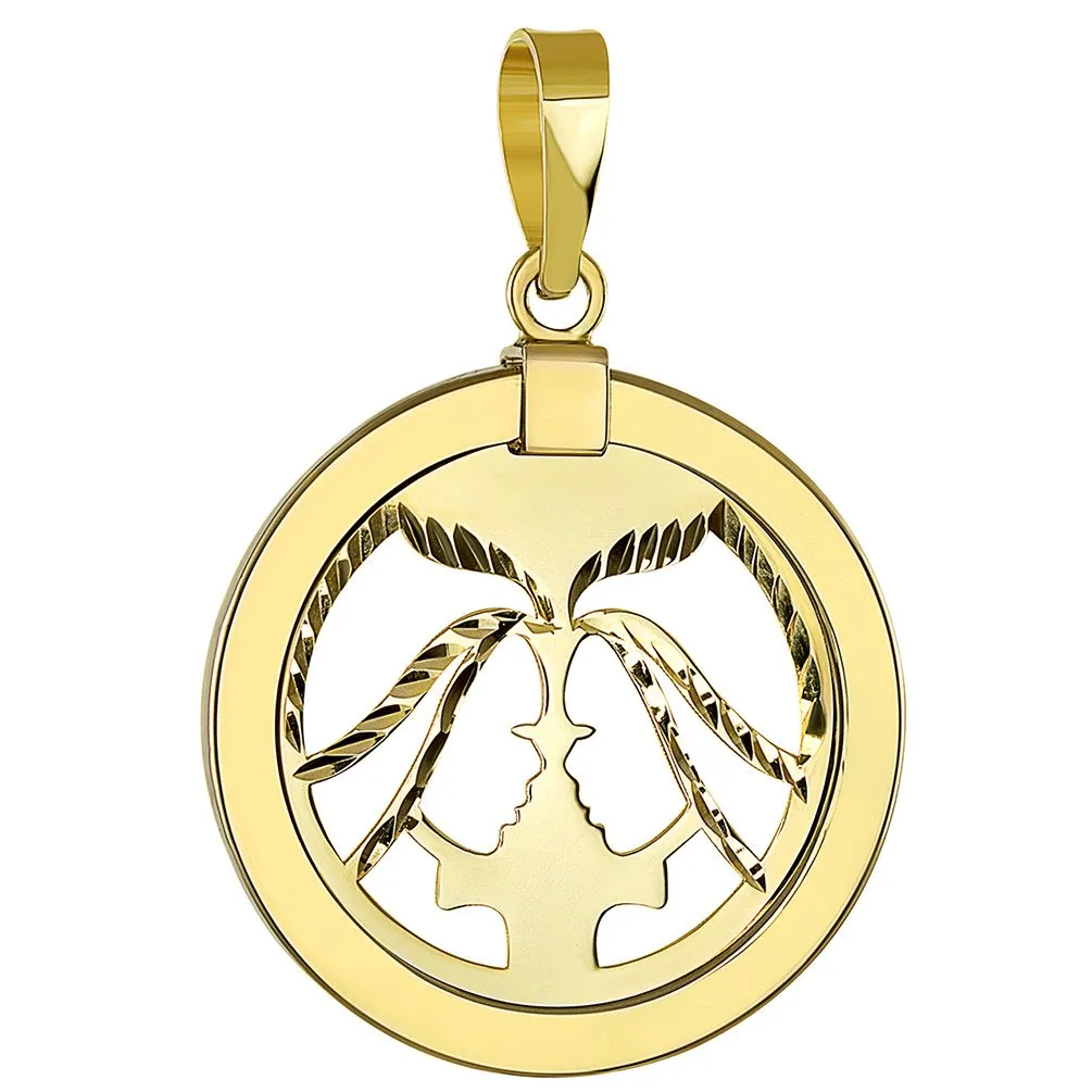 14K Gold Reversible Round Gemini Twins Zodiac Sign Pendant - Yellow Gold