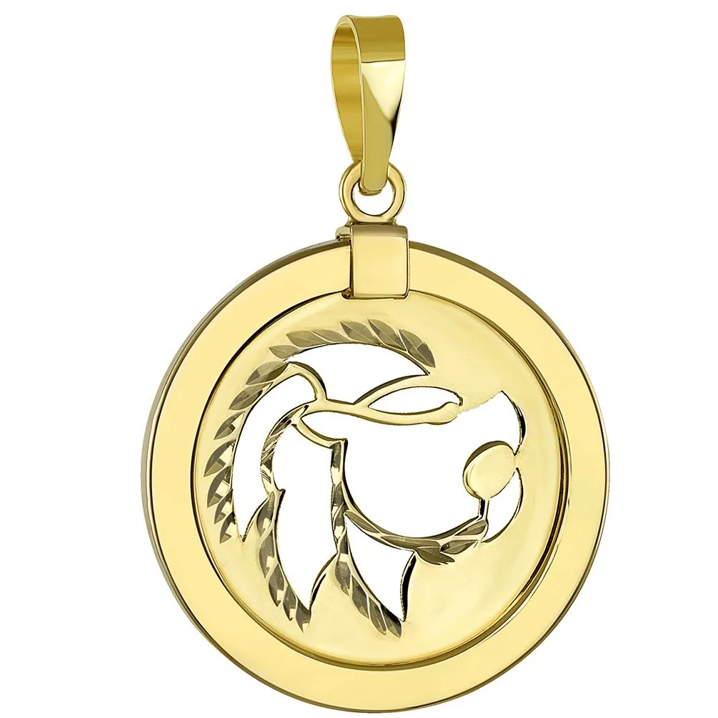 14K Gold Reversible Round Lion Leo Zodiac Sign Pendant - Yellow Gold