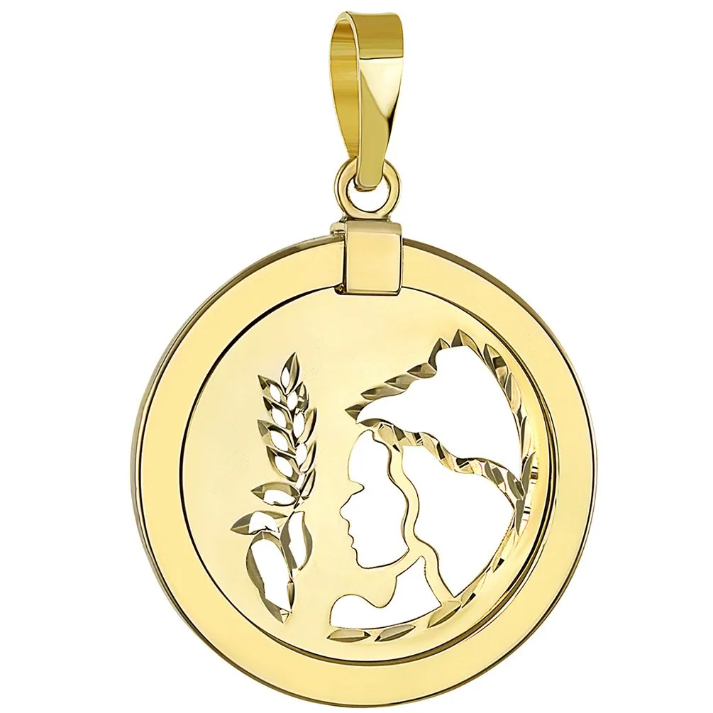 14K Gold Reversible Round Virgo Zodiac Sign Pendant - Yellow Gold