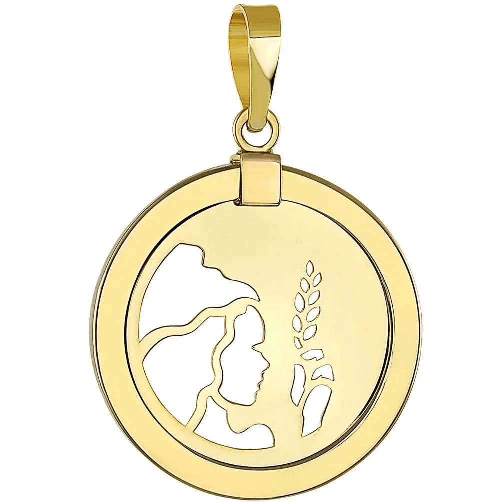 14K Gold Reversible Round Virgo Zodiac Sign Pendant - Yellow Gold