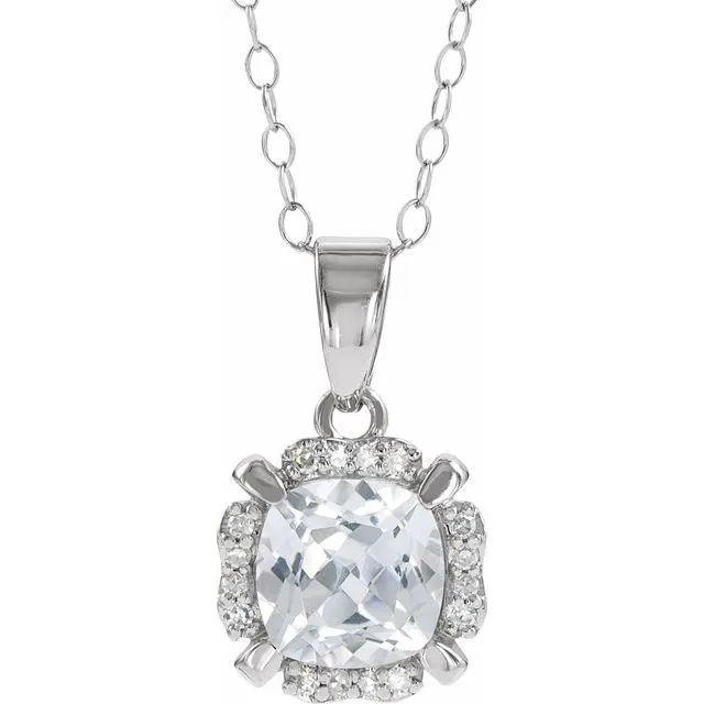 14k White Gold Cushion Gemstone & .05 CTW Diamond Halo 18" Necklaces