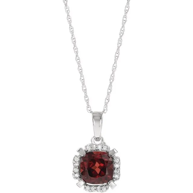 14k White Gold Cushion Gemstone & .05 CTW Diamond Halo 18" Necklaces