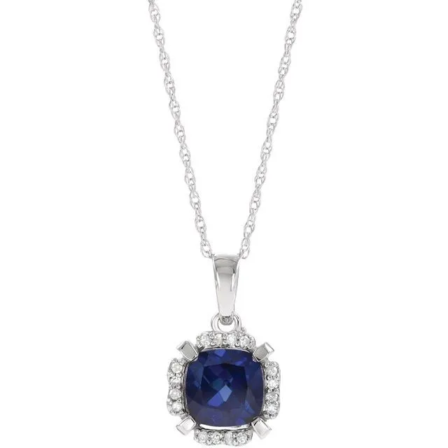 14k White Gold Cushion Gemstone & .05 CTW Diamond Halo 18" Necklaces