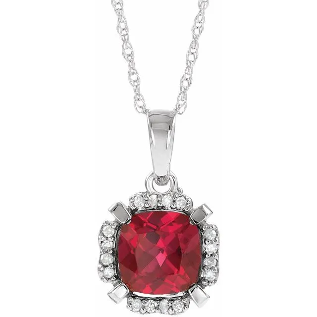 14k White Gold Cushion Gemstone & .05 CTW Diamond Halo 18" Necklaces