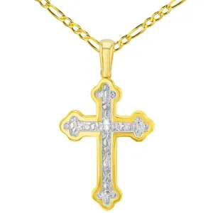 14K Yellow Gold Elegant Eastern Orthodox Cross Pendant with Figaro Necklace