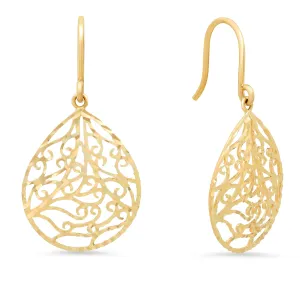 14K Yellow Gold Oval Detailed Design Filled Dangle Earring