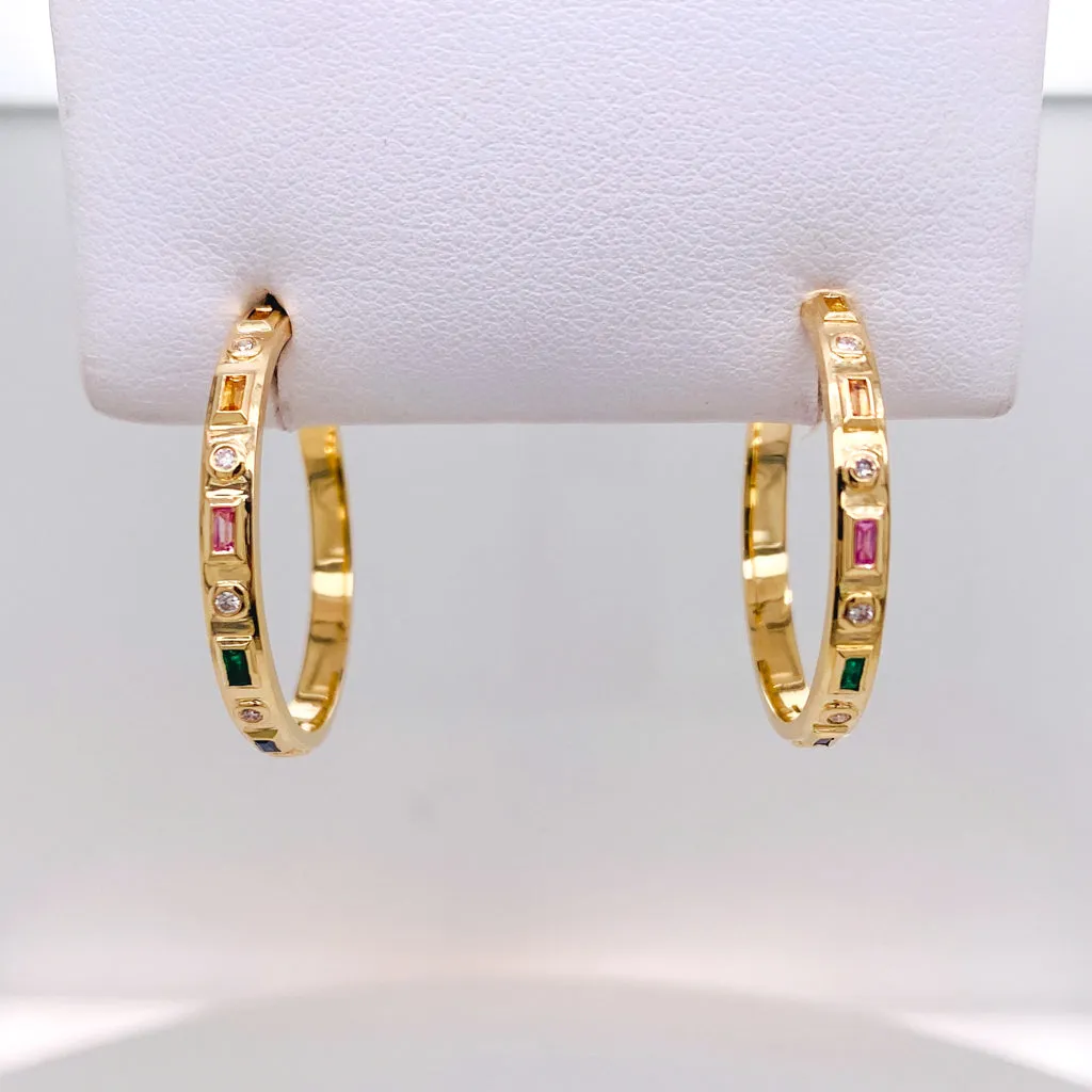 14k Yellow Gold Rainbow Sapphire and Diamond Hoop Earrings