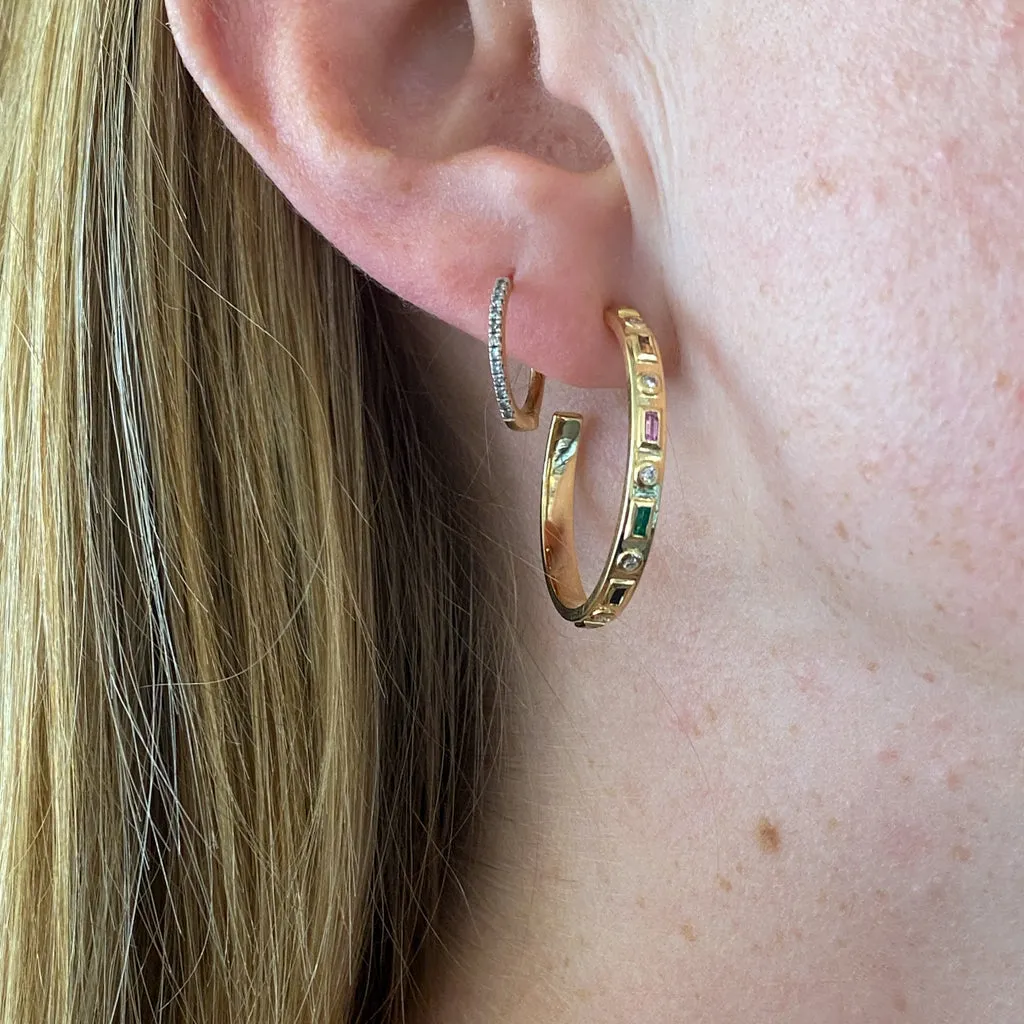 14k Yellow Gold Rainbow Sapphire and Diamond Hoop Earrings