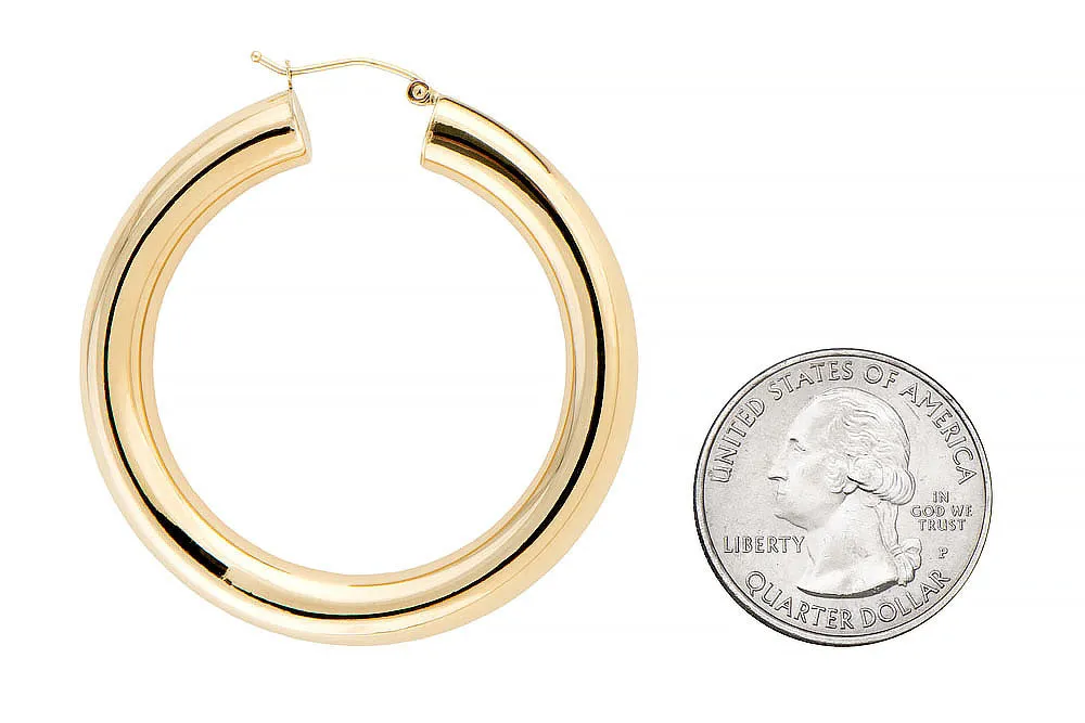 14K Yellow Gold Thick Tube Hoop Earrings with Click-Down Clasp, (6mm Tube), 45mm