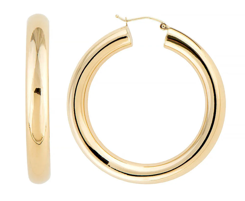 14K Yellow Gold Thick Tube Hoop Earrings with Click-Down Clasp, (6mm Tube), 45mm