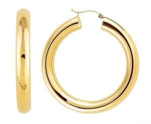 14K Yellow Gold Thick Tube Hoop Earrings with Click-Down Clasp, (6mm Tube), 45mm