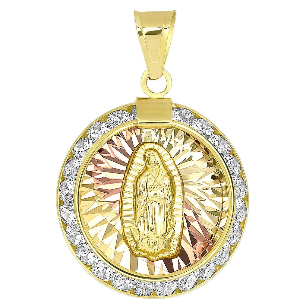 14K Yellow Gold Tri-Tone Round Our Lady Of Guadalupe Elegant CZ Medallion Pendant Cuban Chain Necklace