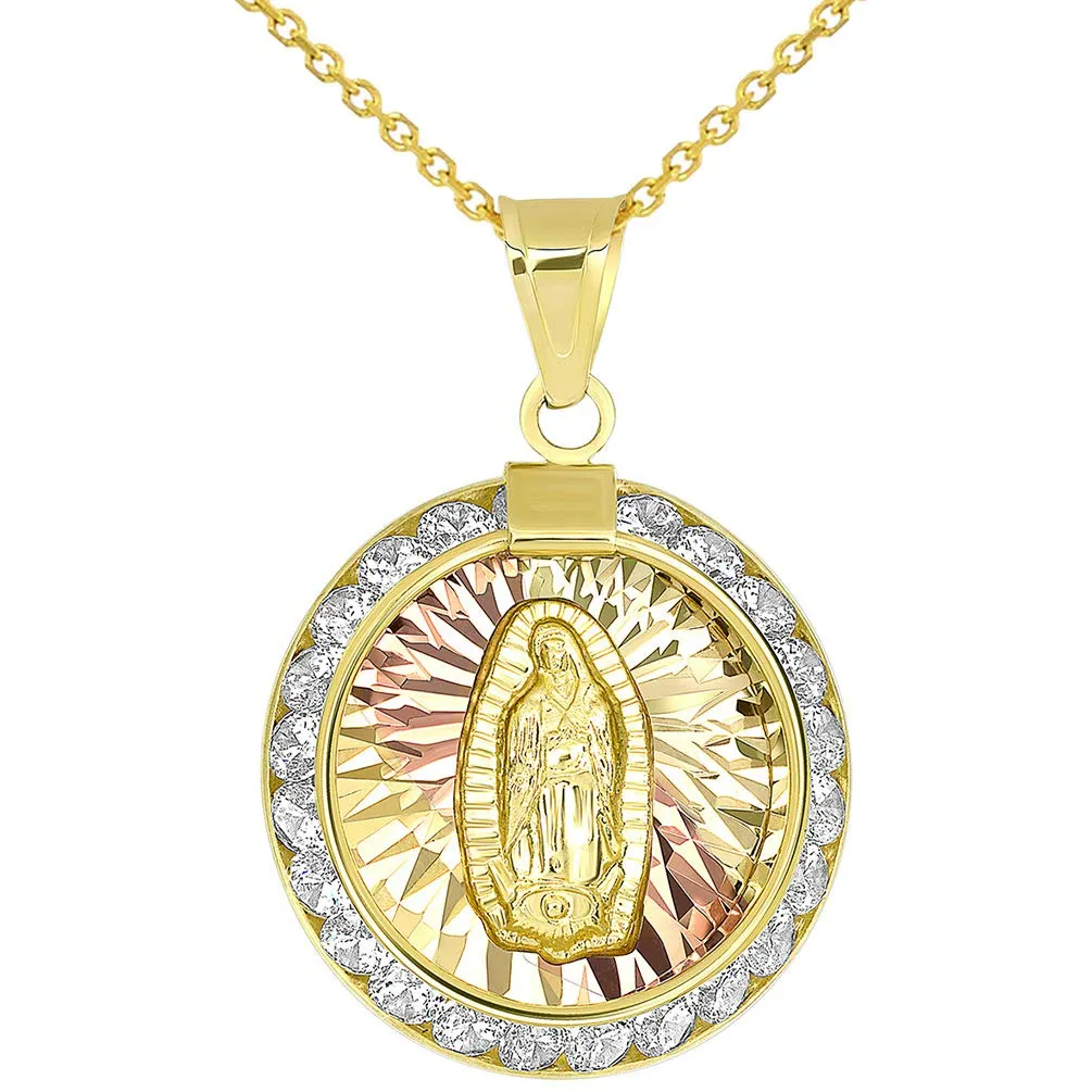 14K Yellow Gold Tri-Tone Round Shaped Our Lady Of Guadalupe Elegant CZ Medallion Pendant Necklace