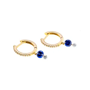 18K Gold Drilled Blue Sapphire and Pave Diamond Huggie Hoops Earrings