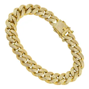 18k Yellow Gold Plated Silver Mens Cubic Zirconia Stones Cuban Link Bracelet 12 mm