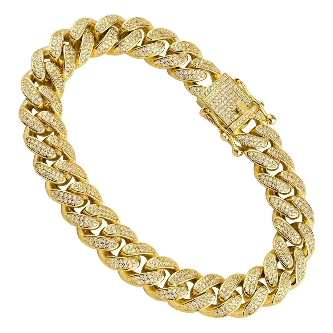 18k Yellow Gold Plated Silver Mens Cubic Zirconia Stones Cuban Link Bracelet 12 mm