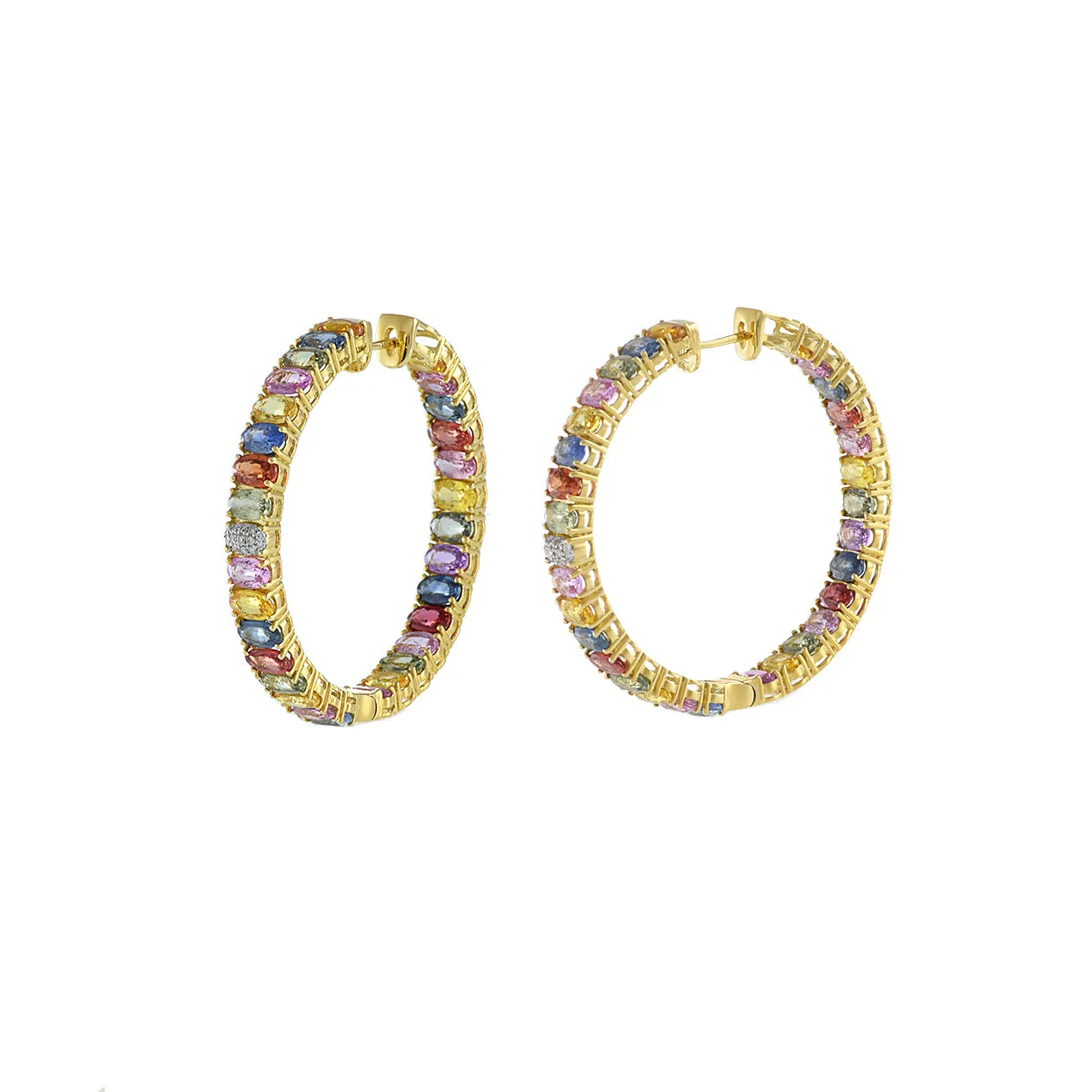 18KT Yellow Gold Multi Color Sapphire And Diamond Hoop Earrings