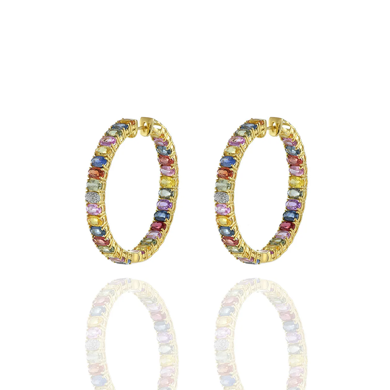 18KT Yellow Gold Multi Color Sapphire And Diamond Hoop Earrings