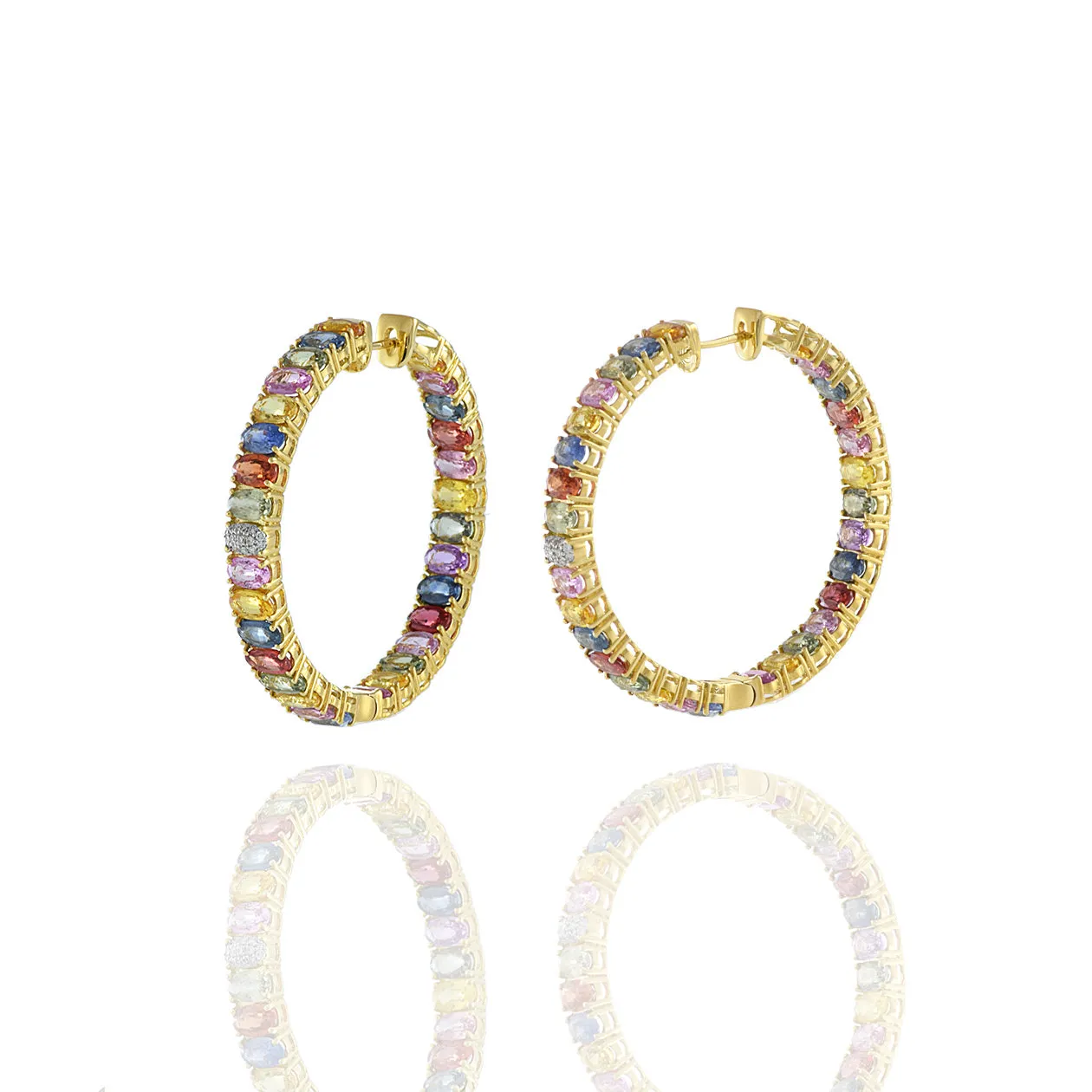 18KT Yellow Gold Multi Color Sapphire And Diamond Hoop Earrings