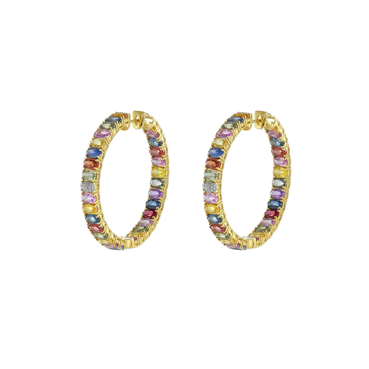 18KT Yellow Gold Multi Color Sapphire And Diamond Hoop Earrings