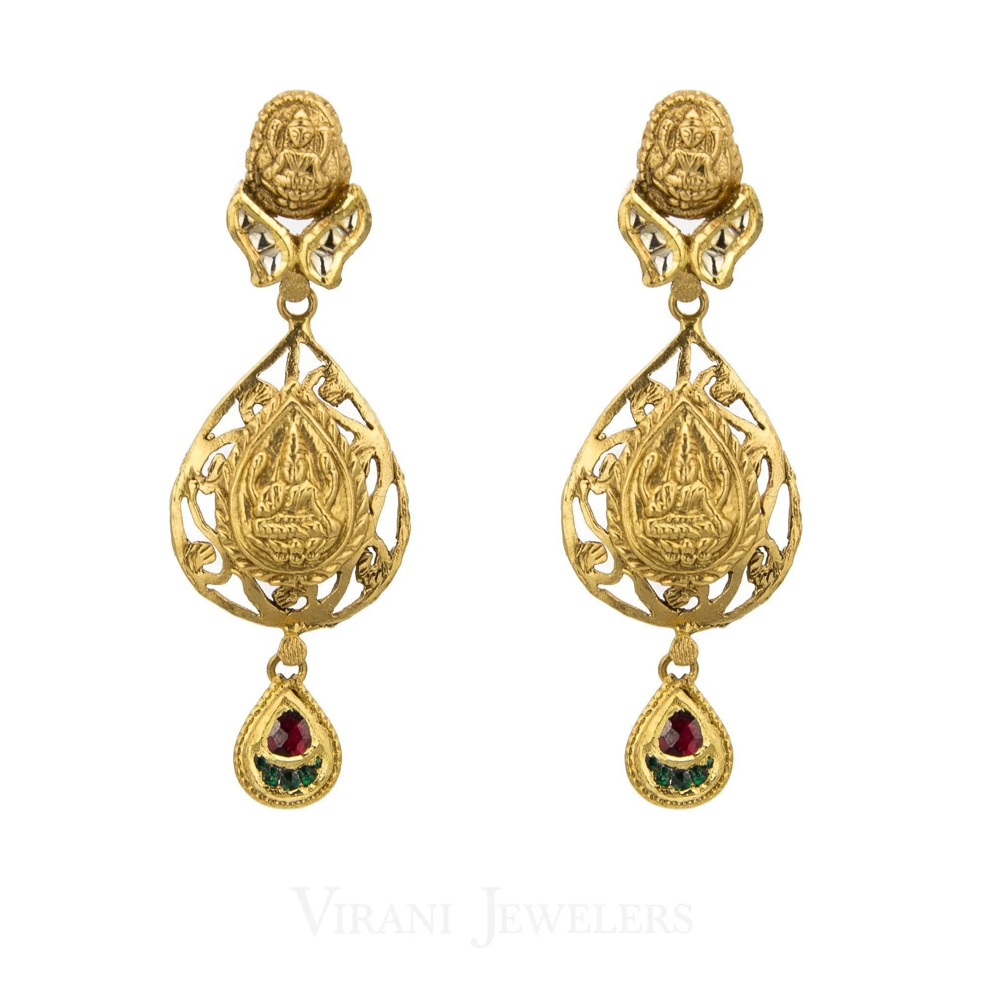 22K Antique Gold Charm Necklac & Drop Earrings Set W/ Ruby, Emerald, and Kundan Stones