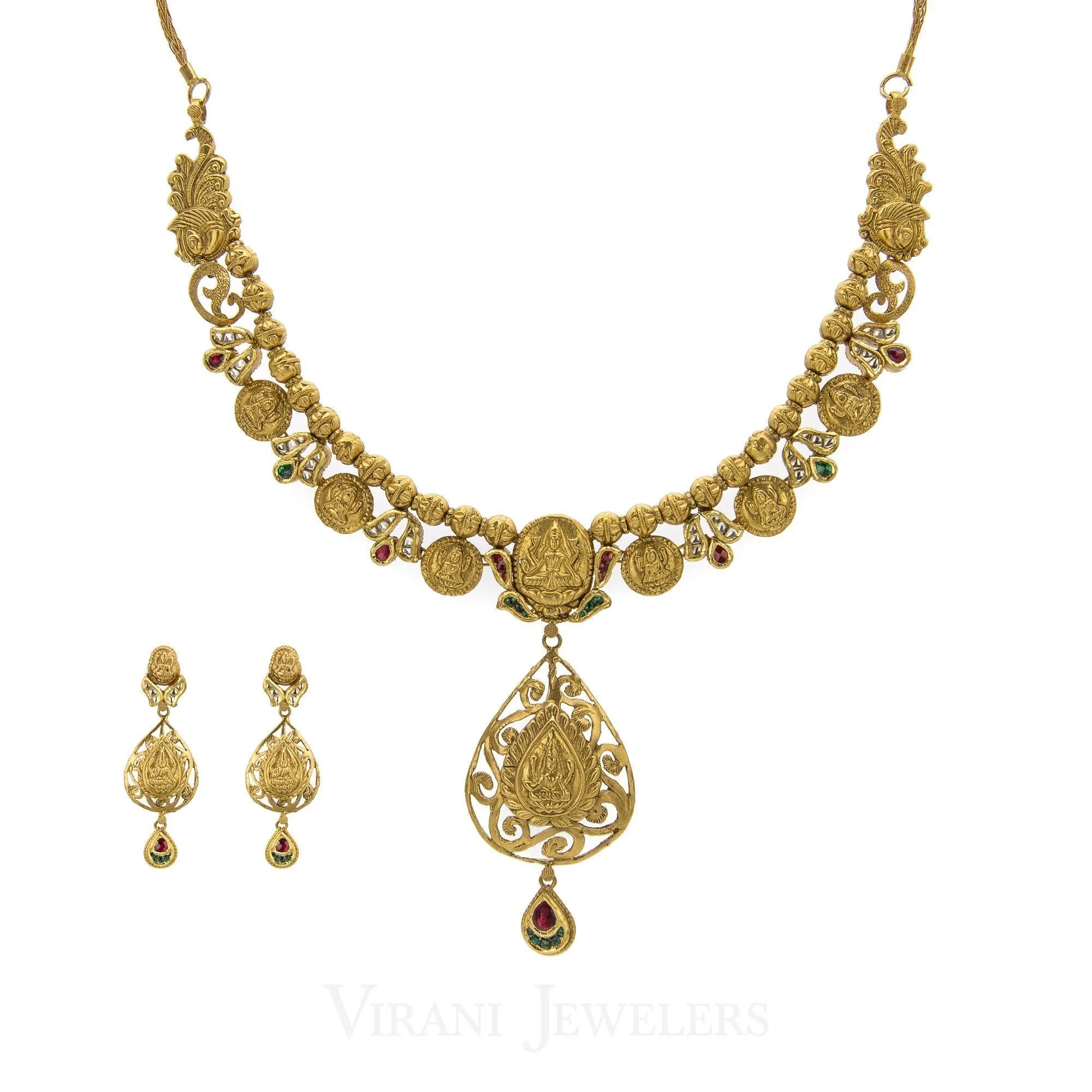 22K Antique Gold Charm Necklac & Drop Earrings Set W/ Ruby, Emerald, and Kundan Stones