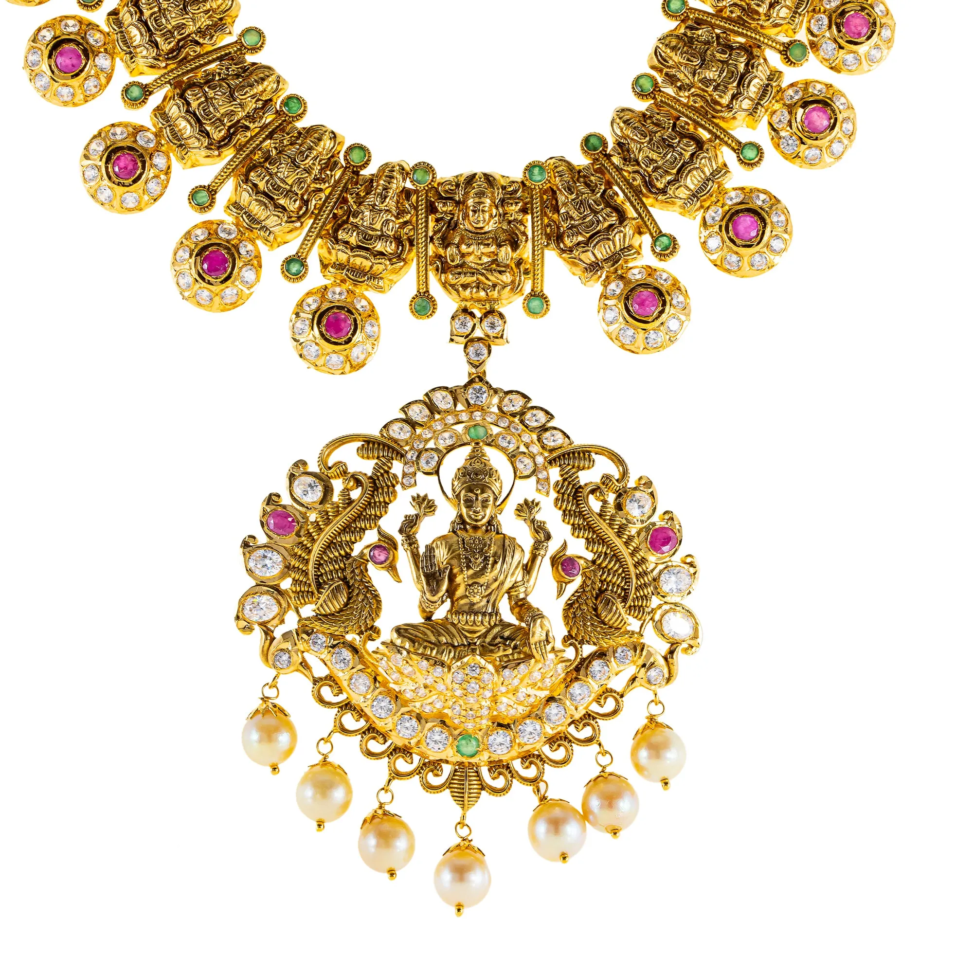 22K Antique Gold Lakshmi Necklace w/ CZ, Emerald, Ruby & Pearl (111.7gm)