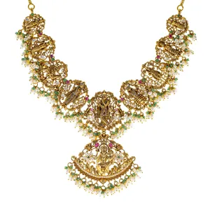 22K Antique Gold Temple Necklace w/ CZ, Emerald, Ruby, & Pearl (98.1gm)