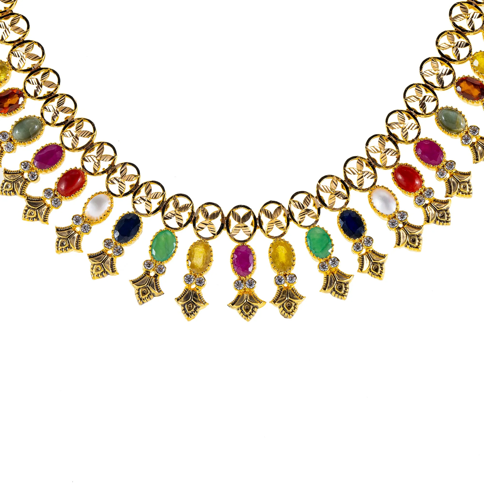 22K Antique Yellow Gold Necklace w/ CZ, Emerald, Pearls & Ruby (65.6gm)