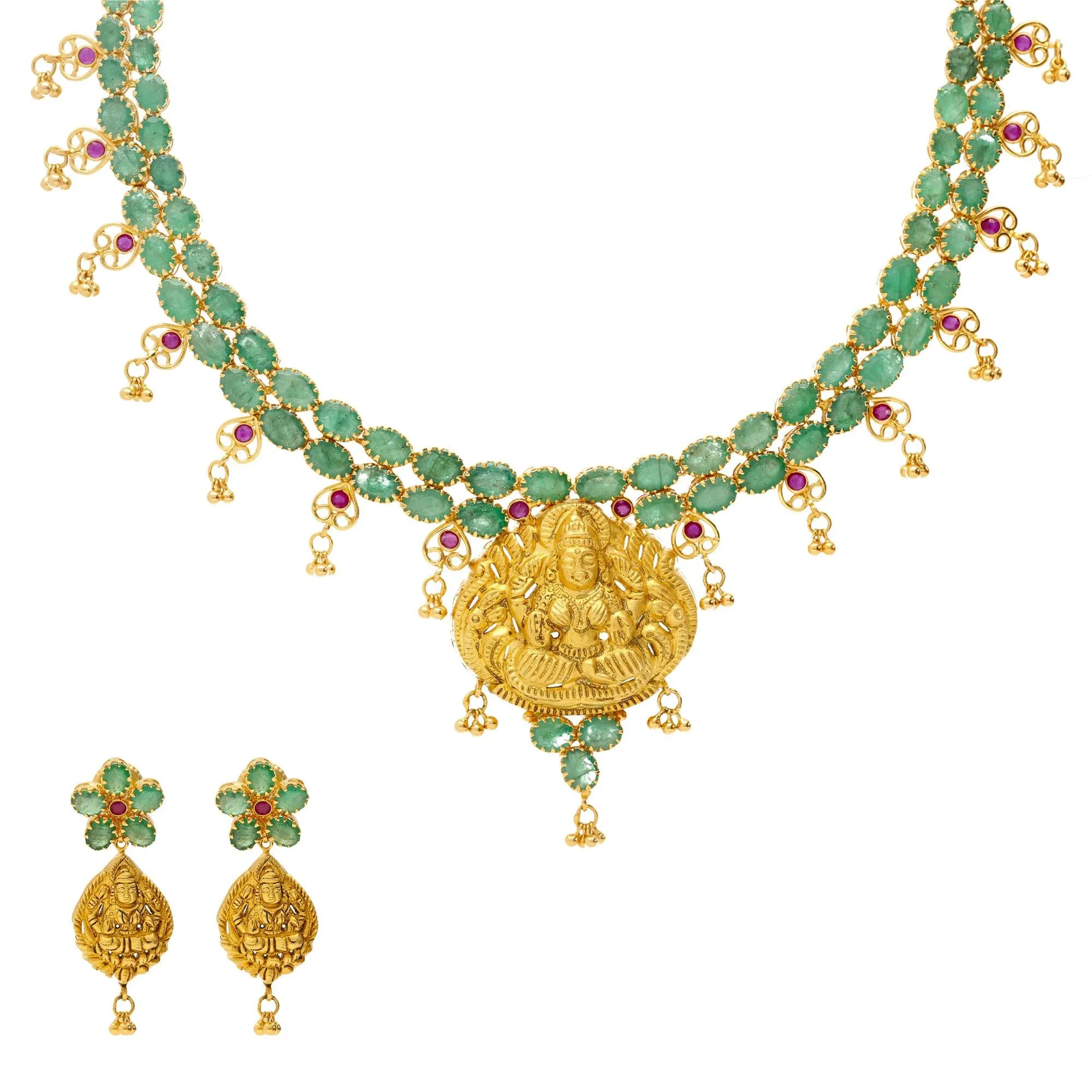 22K Gold & Gemstone Jaded Temple Set