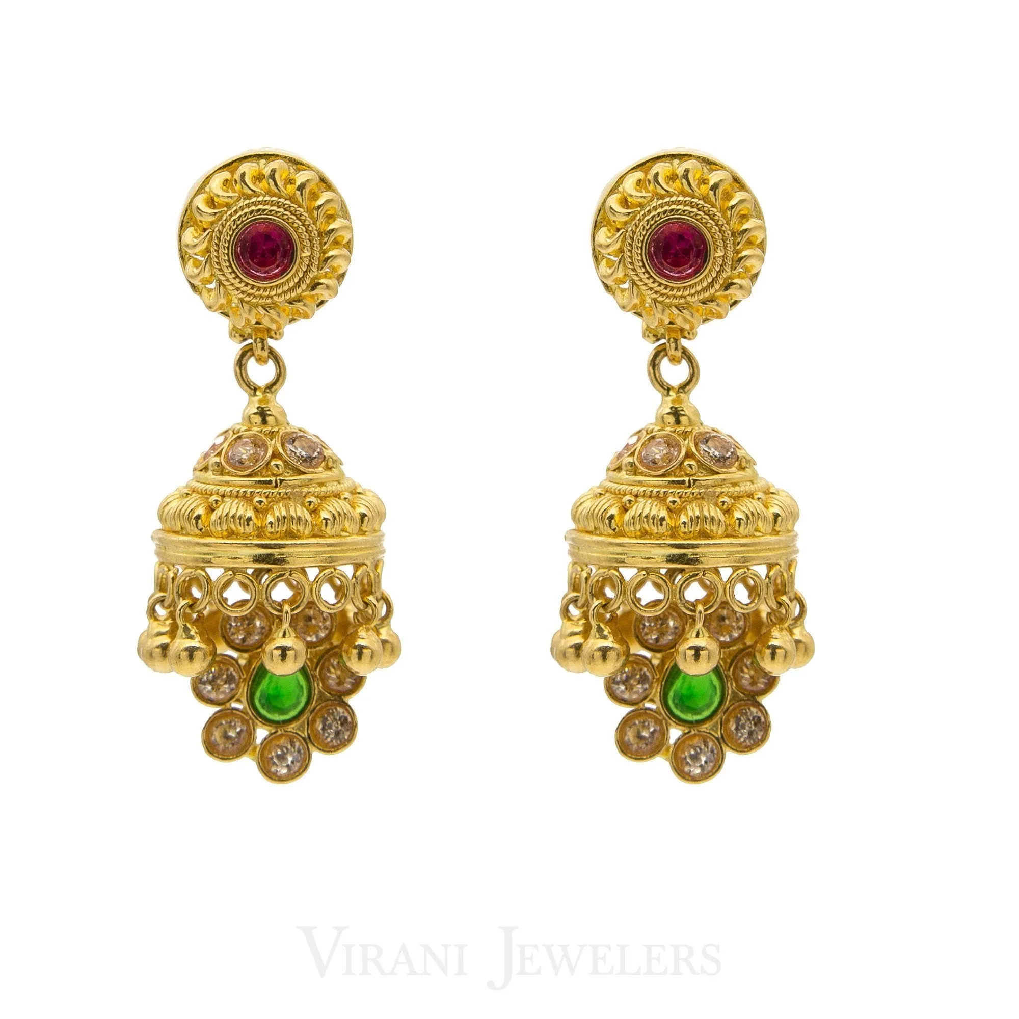 22K Gold Mango Studded Necklace and Earrings W/ CZ, Ruby & Emerald Stones