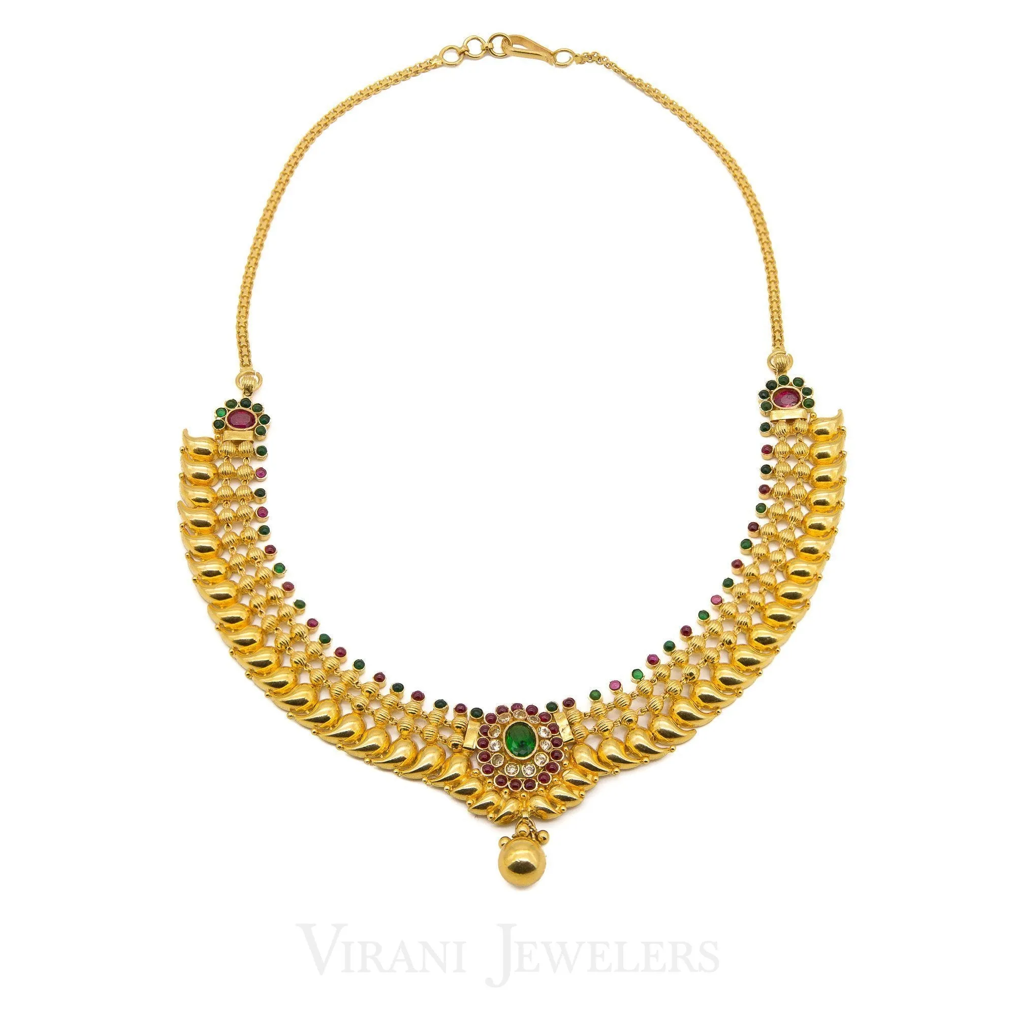 22K Gold Mango Studded Necklace and Earrings W/ CZ, Ruby & Emerald Stones