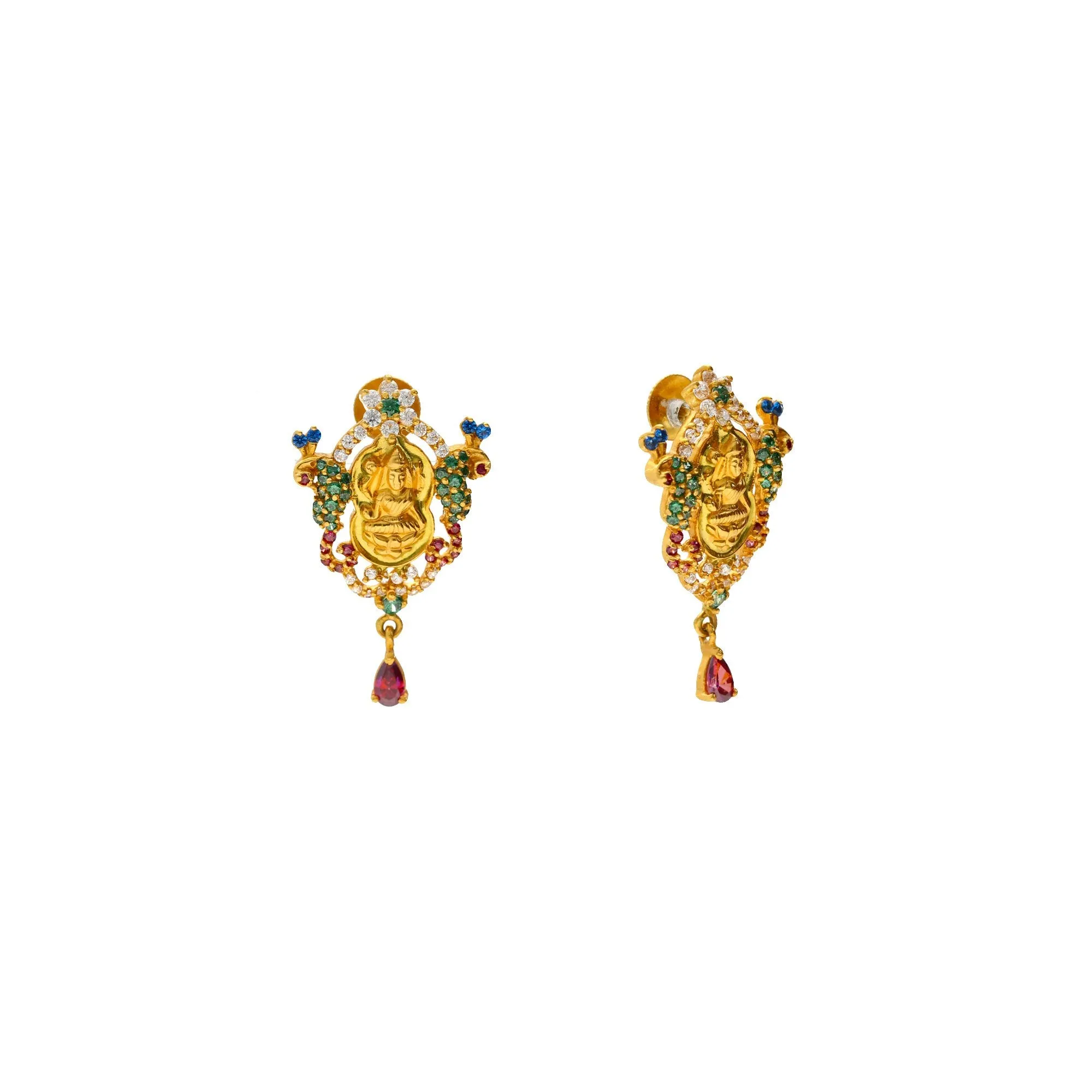 22K Multi Tone Gold & Gemstone Jeweled Temple Set