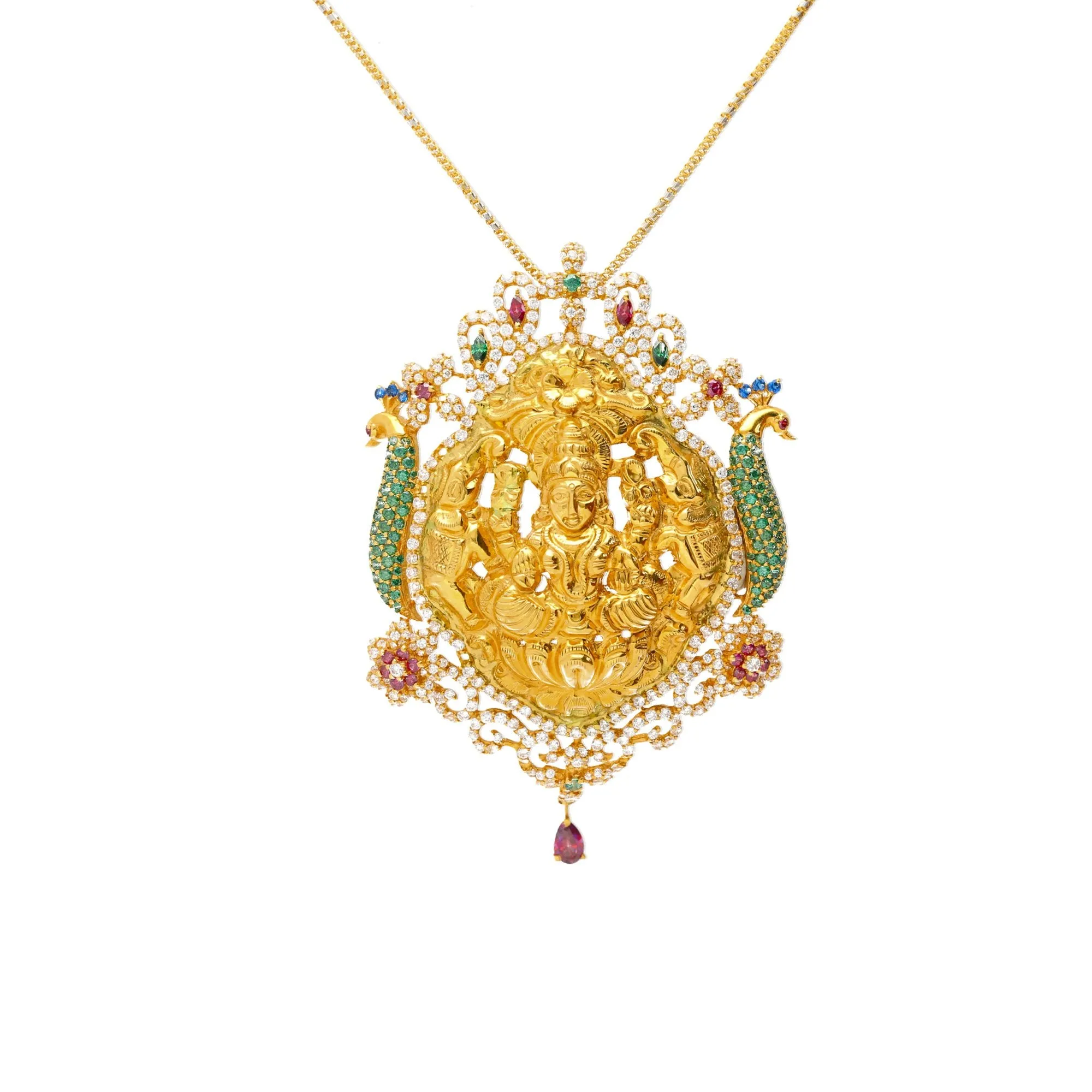 22K Multi Tone Gold & Gemstone Jeweled Temple Set