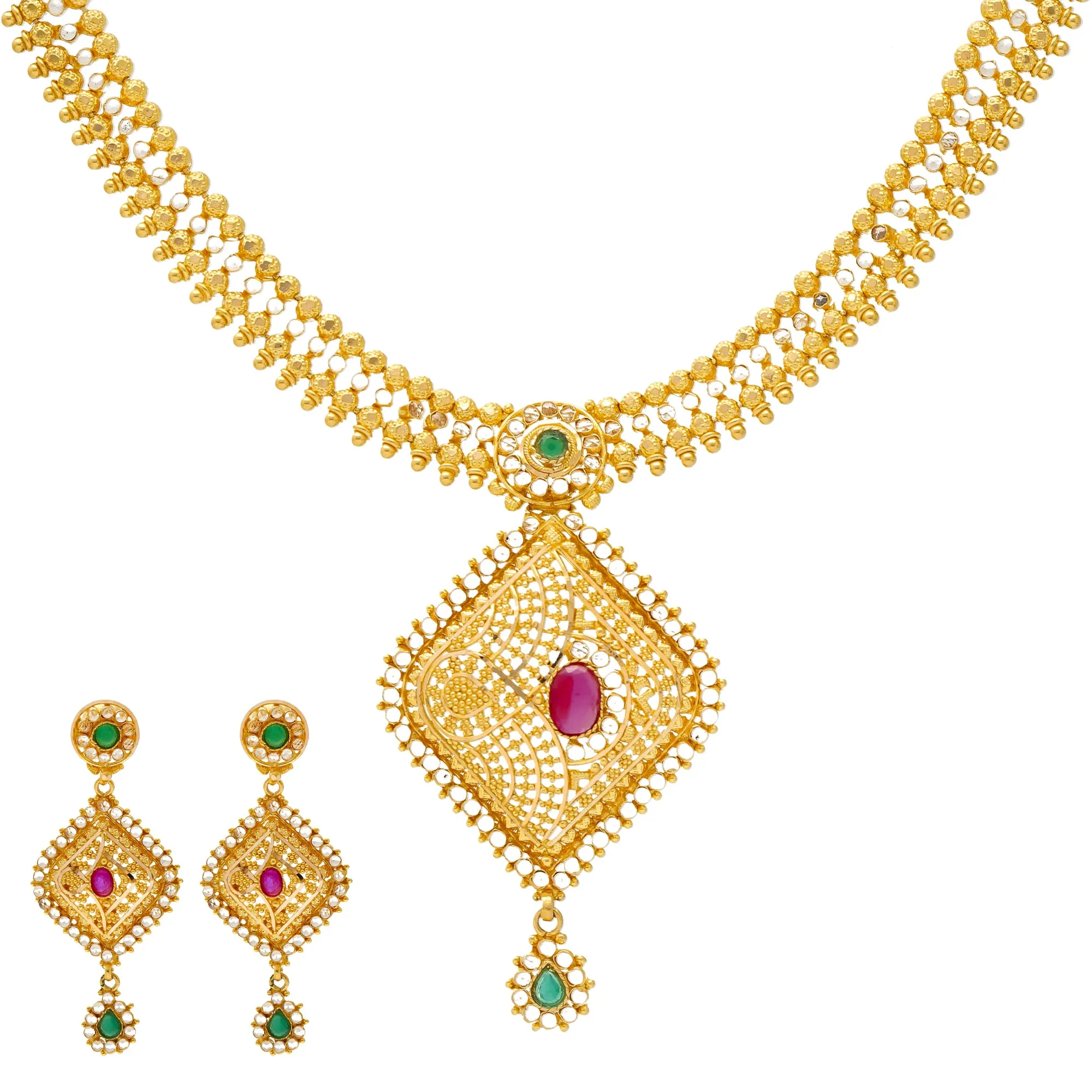 22K Yellow Gold, Emerald, & Ruby Jewelry Set (55.7gm)