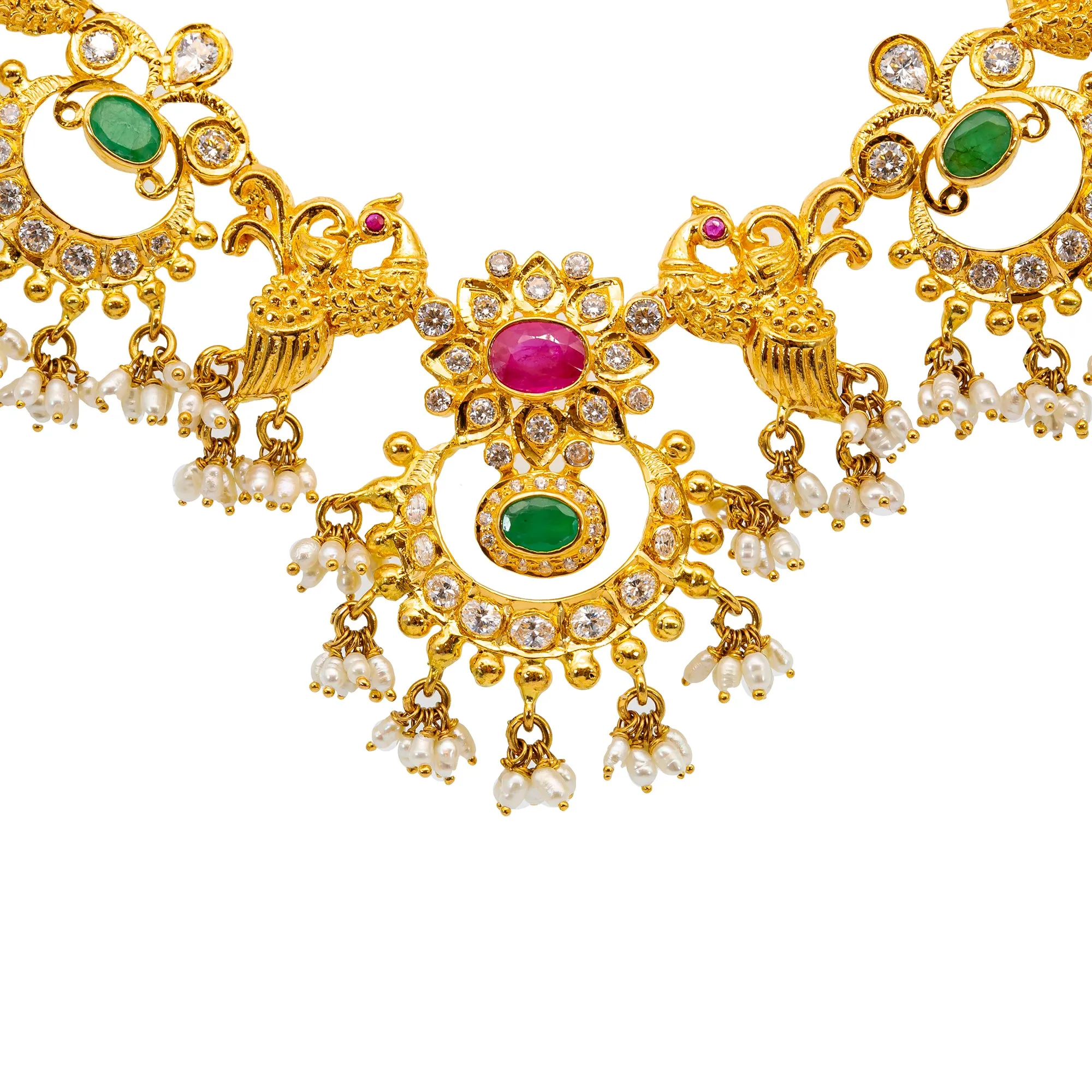 22K Yellow Gold Guddapulsula Set w. Gems & Pearls (76.1 grams)