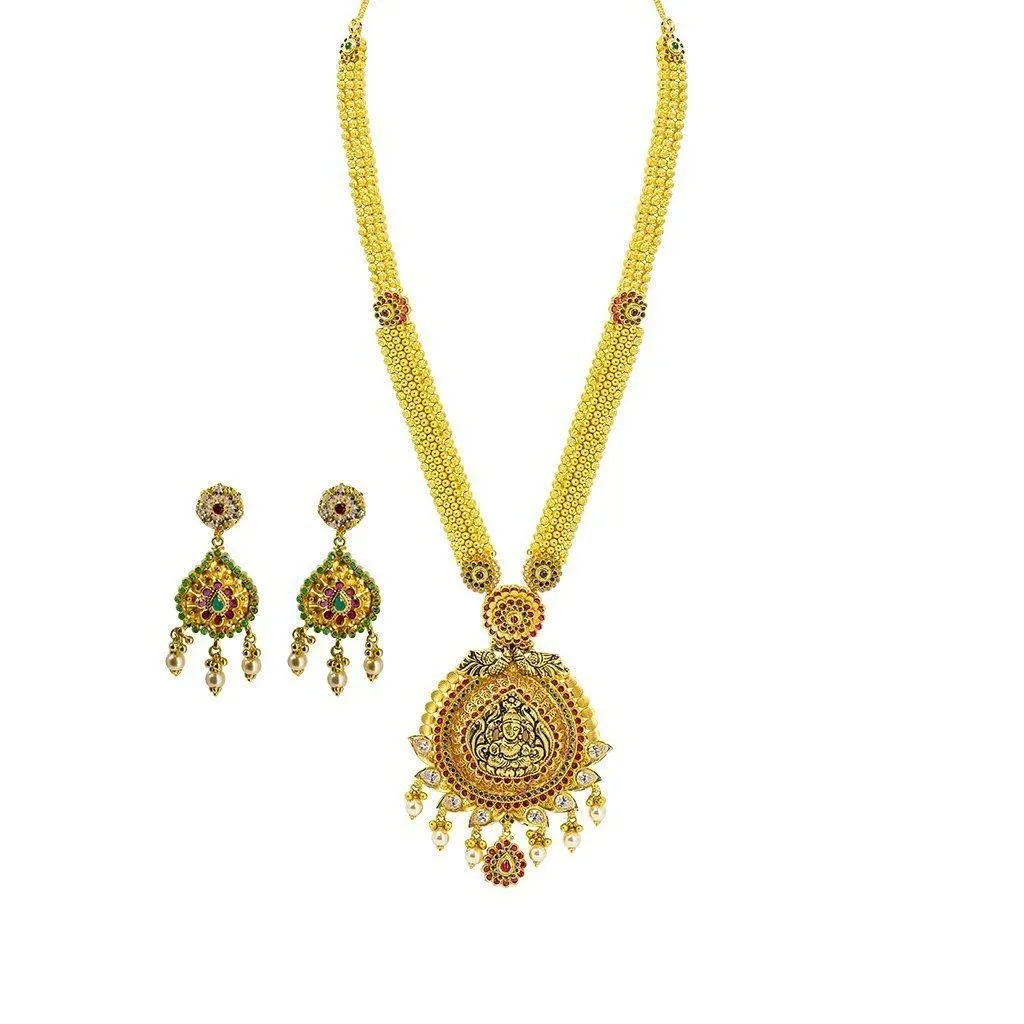 22K Yellow Gold Necklace & Earrings Set W/ Ruby, Emerald, CZ & Pearls on Thick Round Beaded Chain