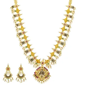 22K Yellow Gold Temple Necklace Set w/ Emerald, Ruby, Pearls & CZ (111.3gm)