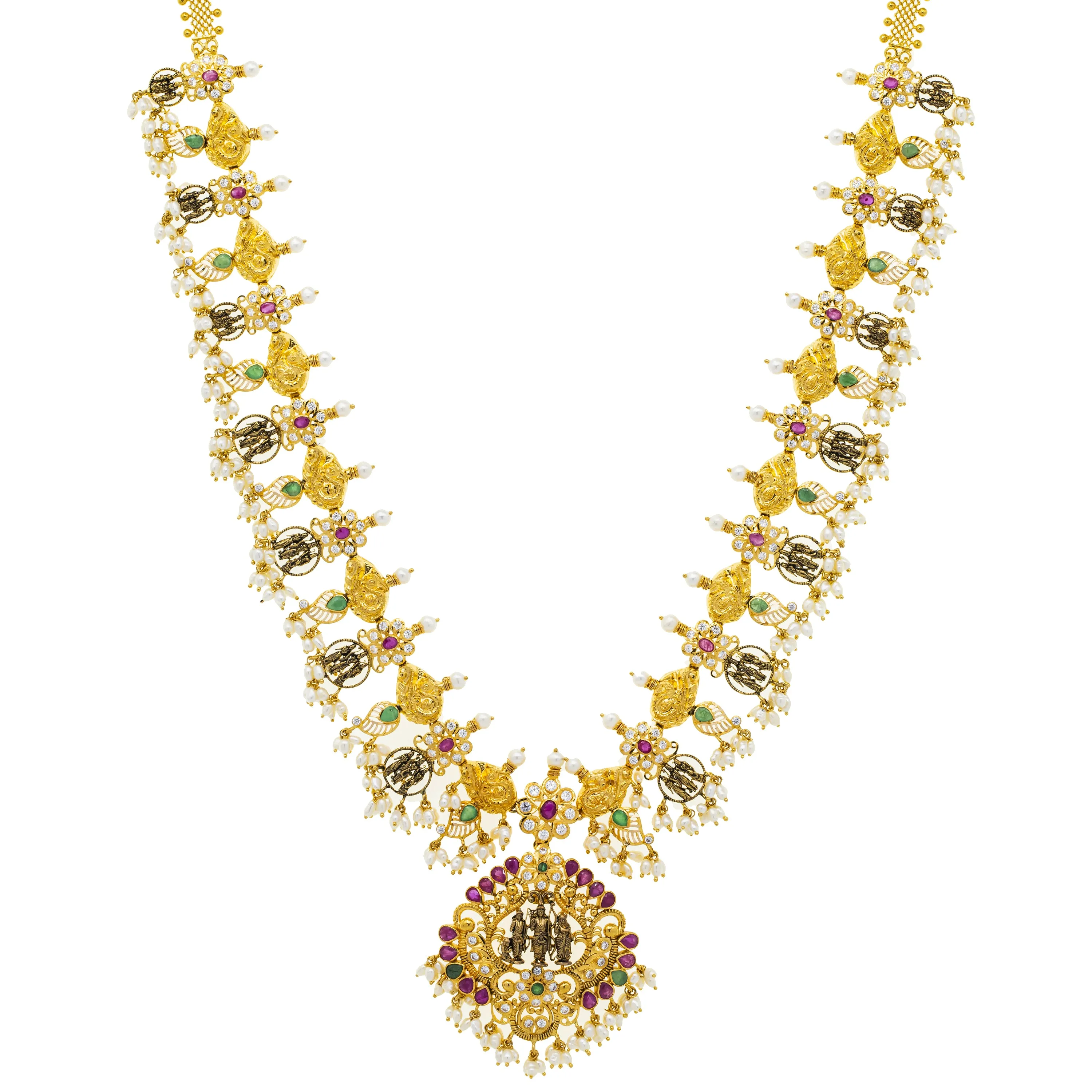 22K Yellow Gold Temple Necklace Set w/ Emerald, Ruby, Pearls & CZ (111.3gm)