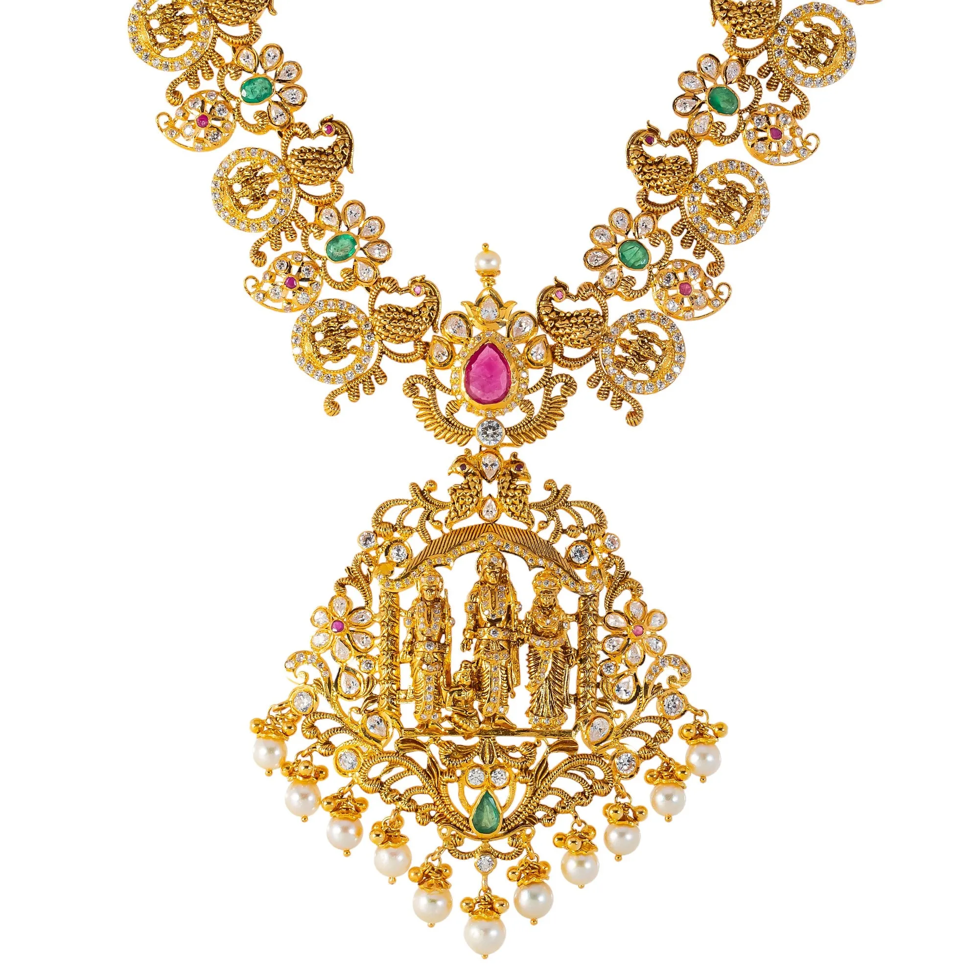 22k Yellow Gold Temple Necklace Set  w/ Gemstones & Pearls (130.6gm)