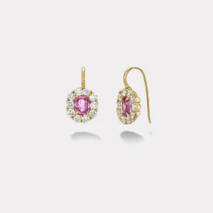 2.67ct Oval Pink Sapphires with 2.25ct Diamond Halo Heirloom Bezel Earrings