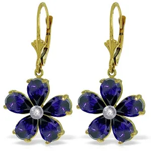 4.43 Carat 14K Solid Yellow Gold Leverback Earrings Sapphire Diamond