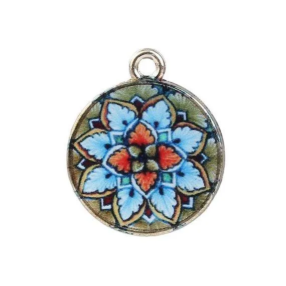 5 Pcs Tibetan Gold Tone Glass Mandala Buddhism Blue 21X18mm 3D Charms Pendants