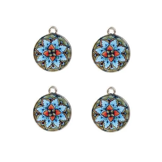 5 Pcs Tibetan Gold Tone Glass Mandala Buddhism Blue 21X18mm 3D Charms Pendants