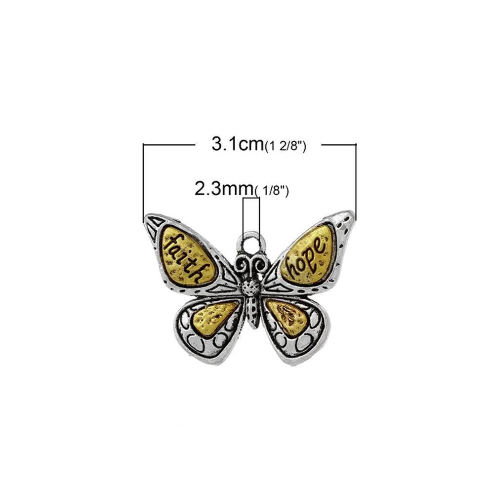 5 Pcs Tibetan Silver BUTTERFLY SILVER & GOLD TONE "FAITH & HOPE" 31mm x 22mm Charms Pendants